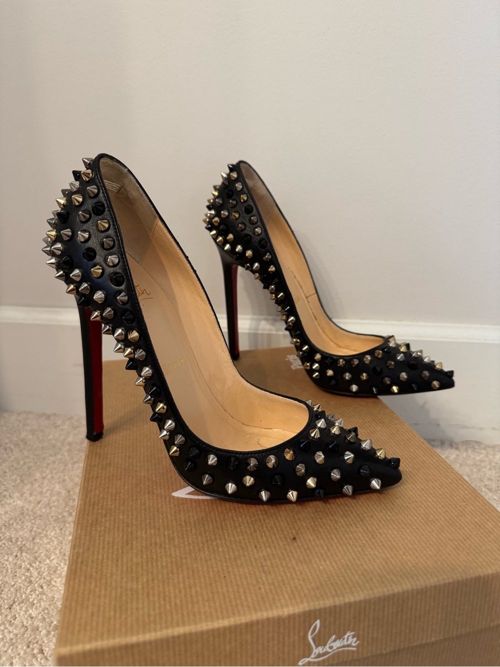 Christian Louboutin Black Pigalle Spikes 120 Leather Pumps 36